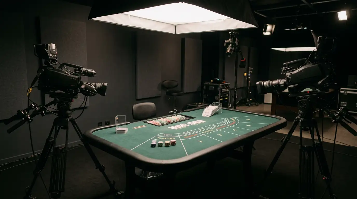 Unbranded live-dealer studio with a gaming table, overhead lights and cameras